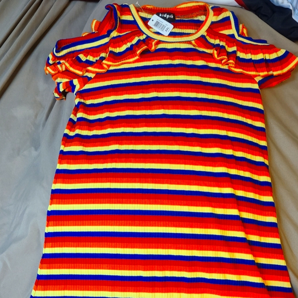 Multi stripe Ruffle cold shoulder dress